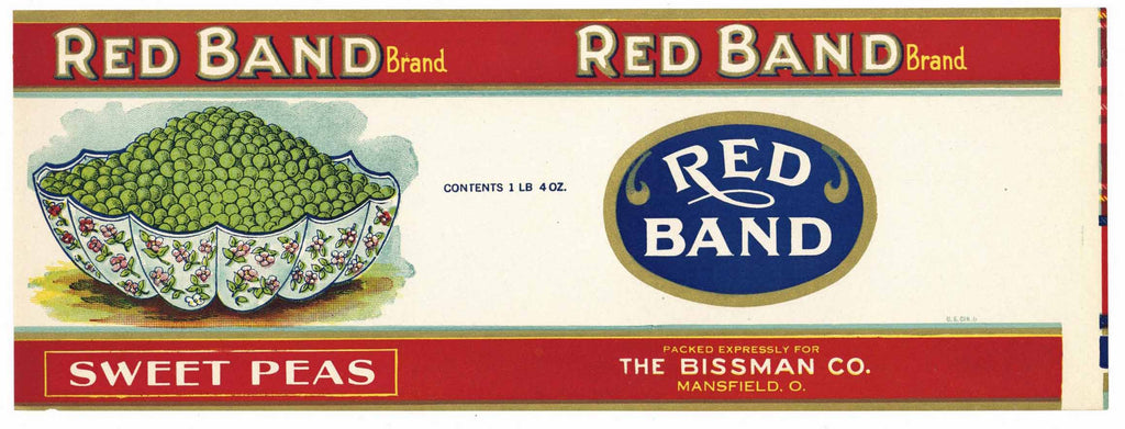 Red Band Brand Vintage Mansfield Ohio Sweet Peas Can Label, 1708