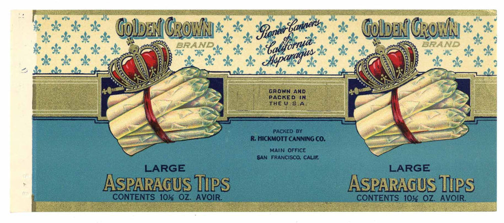 Golden Crown Brand Vintage Hickmott Canning Asparagus Can Label