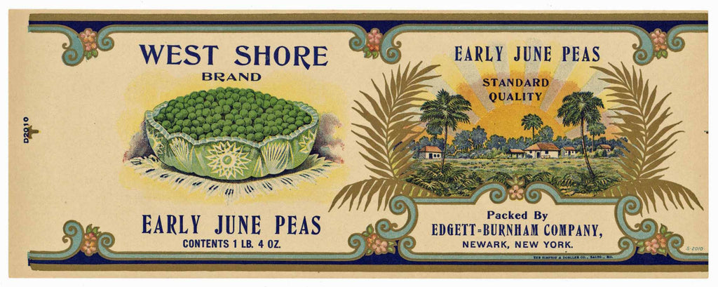 West Shore Brand Vintage Newark New York Peas Can Label