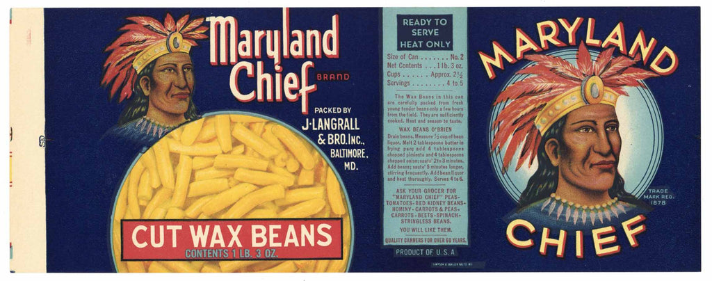 Maryland Chief Brand Vintage Cut Wax Bean Can Label