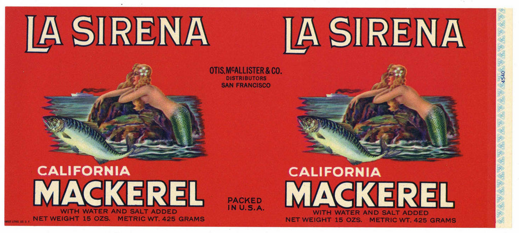 La Sirena Brand Vintage Mackerel Can Label