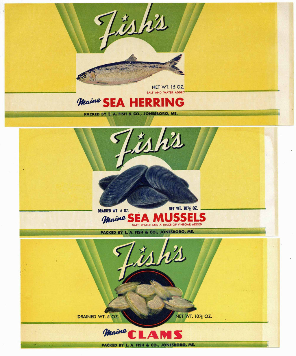 Fish's Brand Vintage Set Of Three Seafood Can Labels, Clams, Mussels, Herring