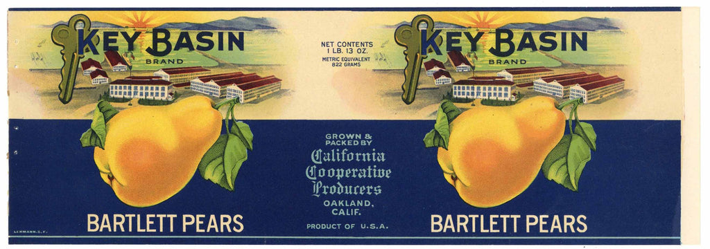 Key Basin Brand Vintage Oakland Pear Can Label