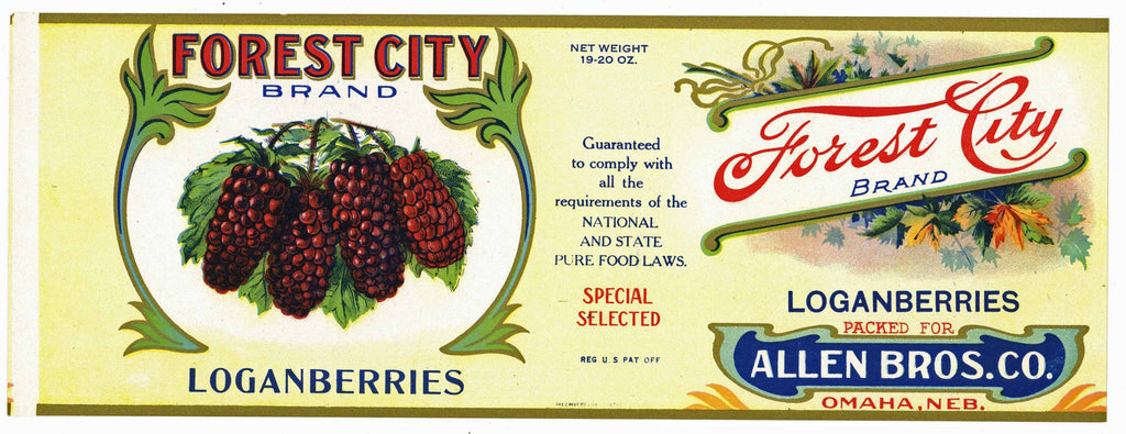 Forest City Brand Vintage Omaha Nebraska Loganberries Can Label
