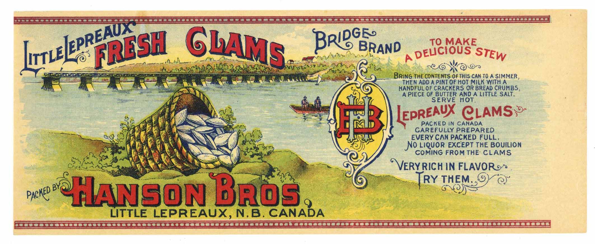 Bridge Brand Vintage Canadian Clams Can Label