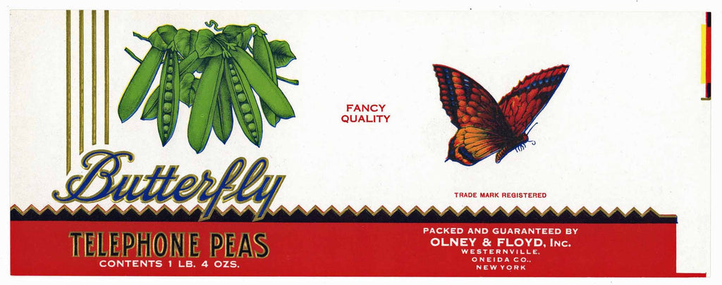Butterfly Brand Vintage Olney & FLoyd Telephone Peas Can Label