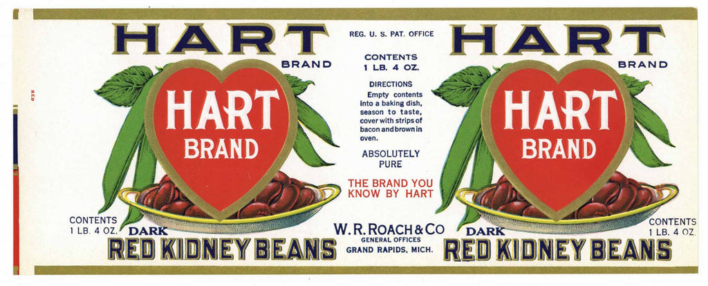 Hart Brand Vintage Grand Rapids Michigan Kidney Beans Can Label