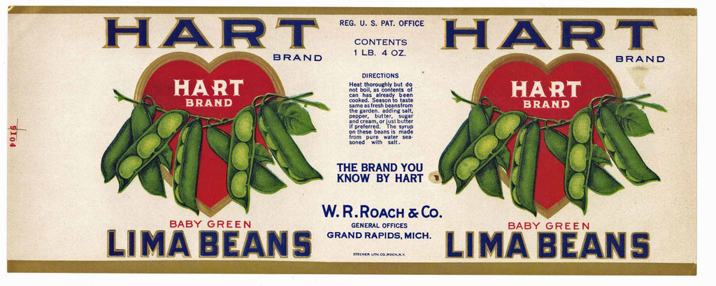 Hart Brand Vintage Grand Rapids Michigan Lima Beans Can Label