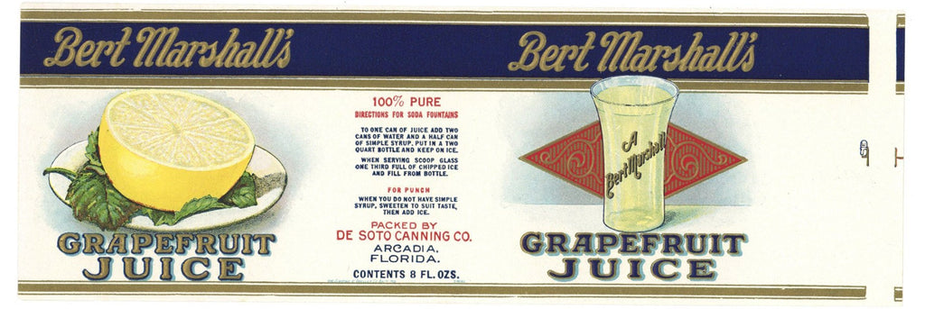 Bert Marshall's Brand Vintage Florida Grapefruit Juice Can Label