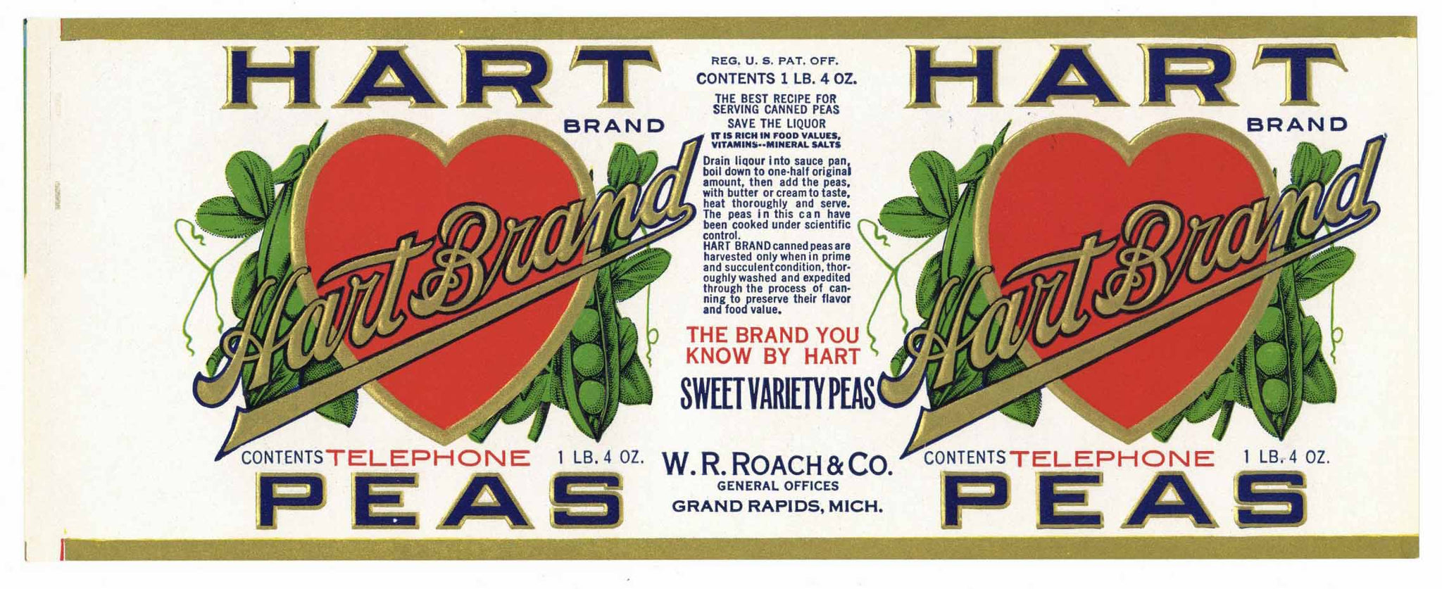 Hart Brand Vintage Grand Rapids Michigan Peas Can Label