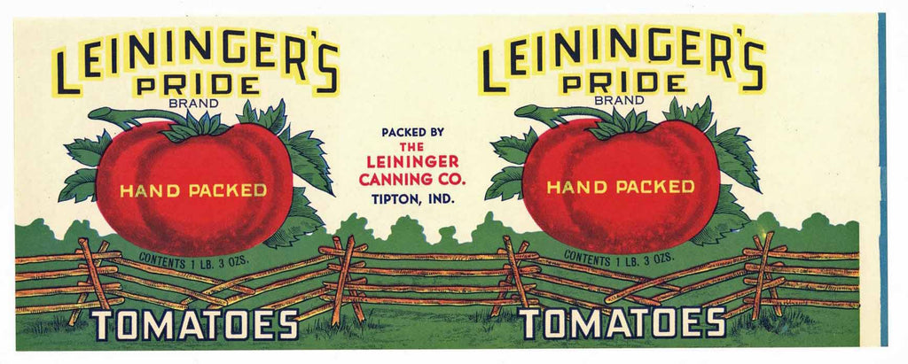 Leininger's Pride Brand Vintage Tipton Indiana Tomato Can Label