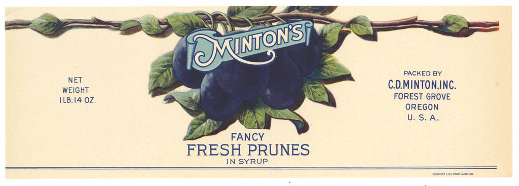 Minton's Brand Vintage Forest Grove Oregon Prune Can Label