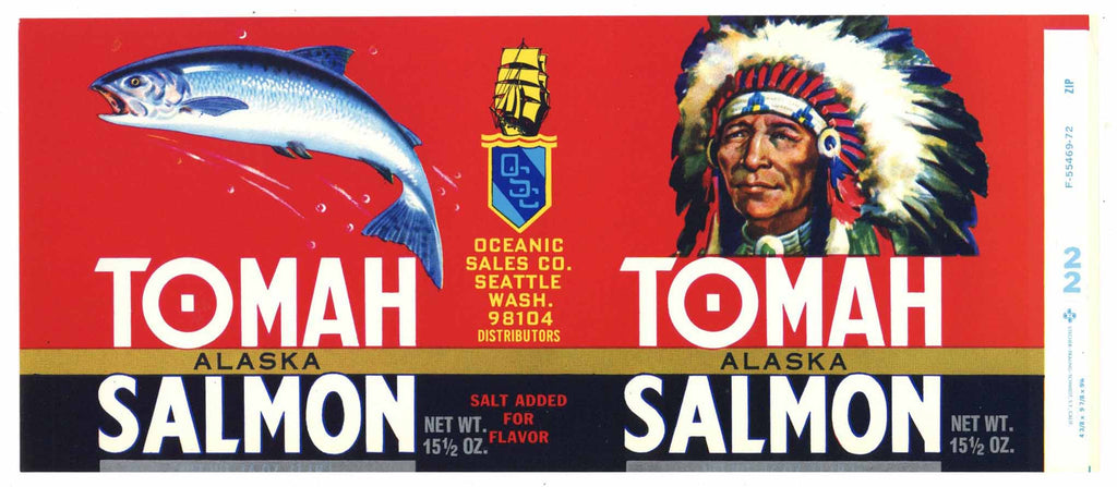 Tomah Brand Vintage Seattle Washington Salmon Can Label