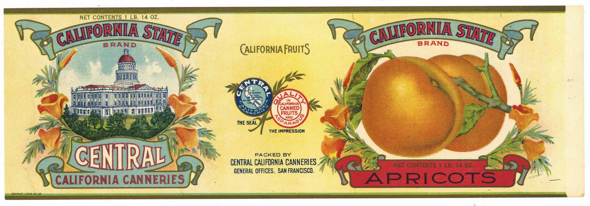 California State Brand Vintage Apricot Can Label, Capitol