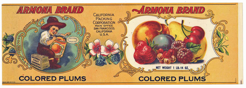 Armona Brand Vintage Colored Plums Can Label