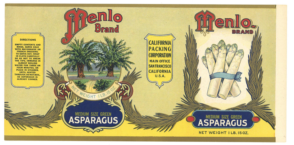 Menlo Brand Vintage Asparagus Can Label
