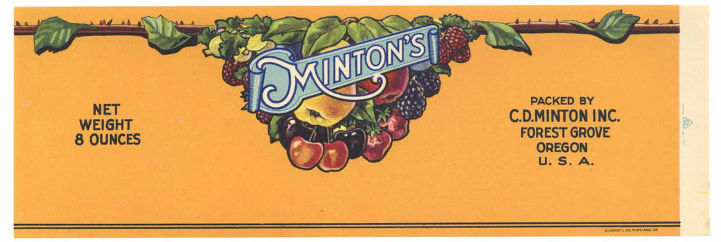 Minton's Brand Vintage Forest Grove Oregon Fruit Can Label, orange, s