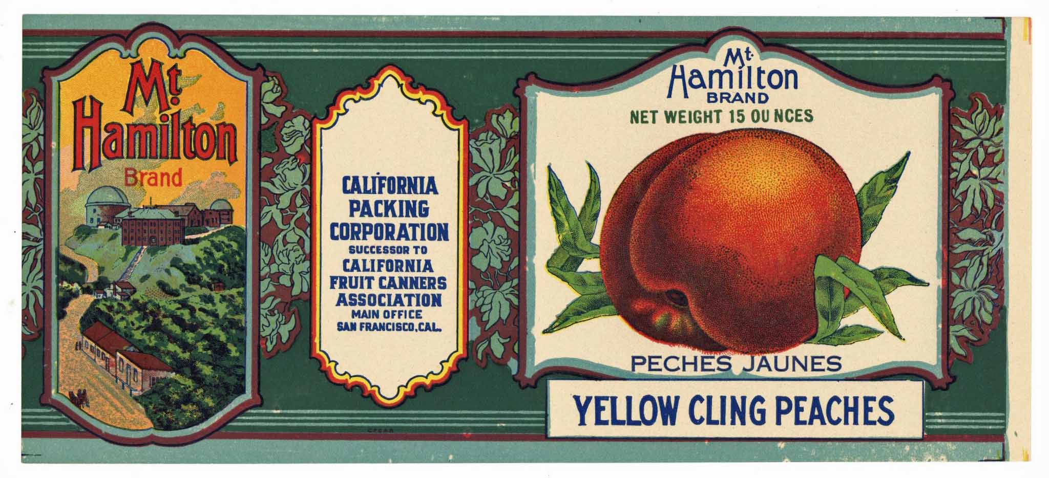 Mt. Hamilton Brand Vintage Yellow Cling Peach Can Label, s
