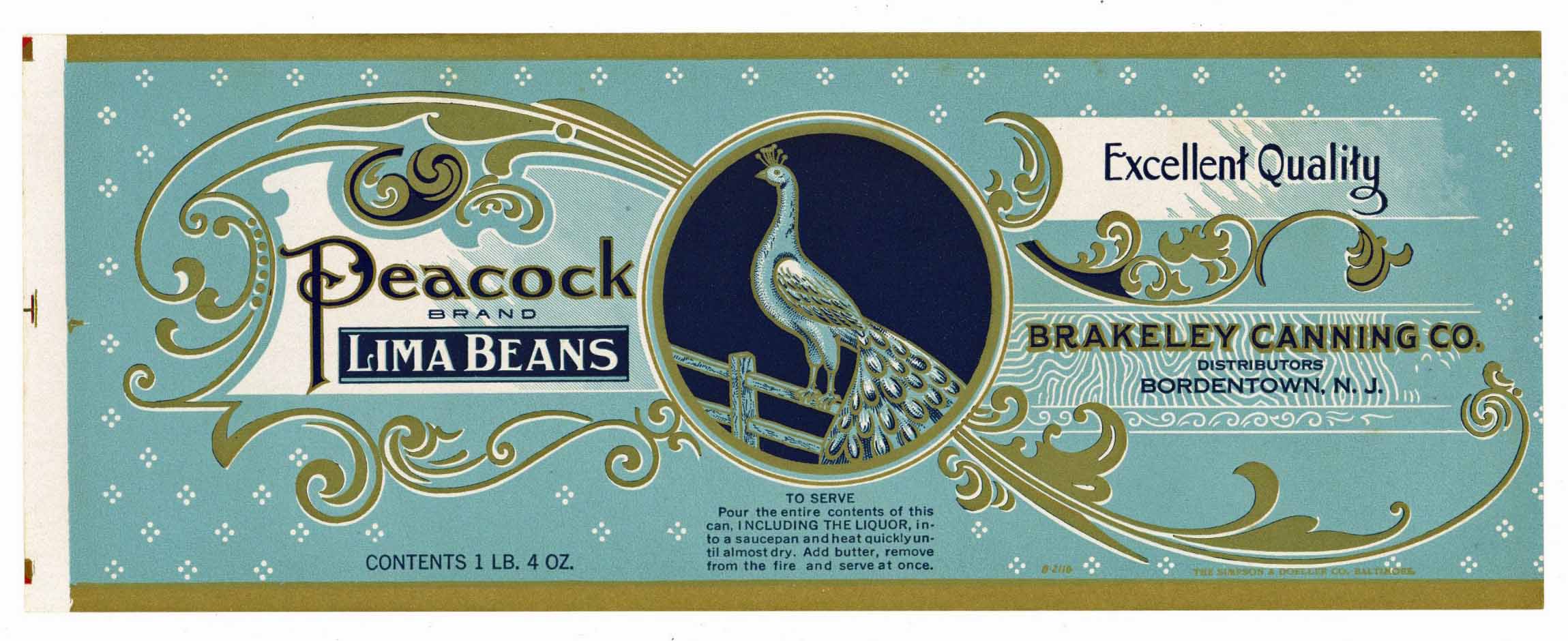 Peacock Brand Vintage Bordentown New Jersey Lima Bean Can Label ...