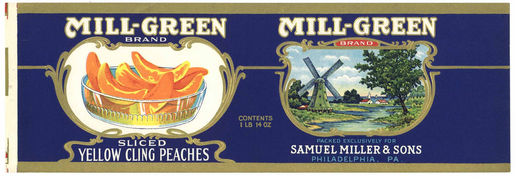 Mill-Green Brand Philadelphia Pennsylvania Peach Can Label