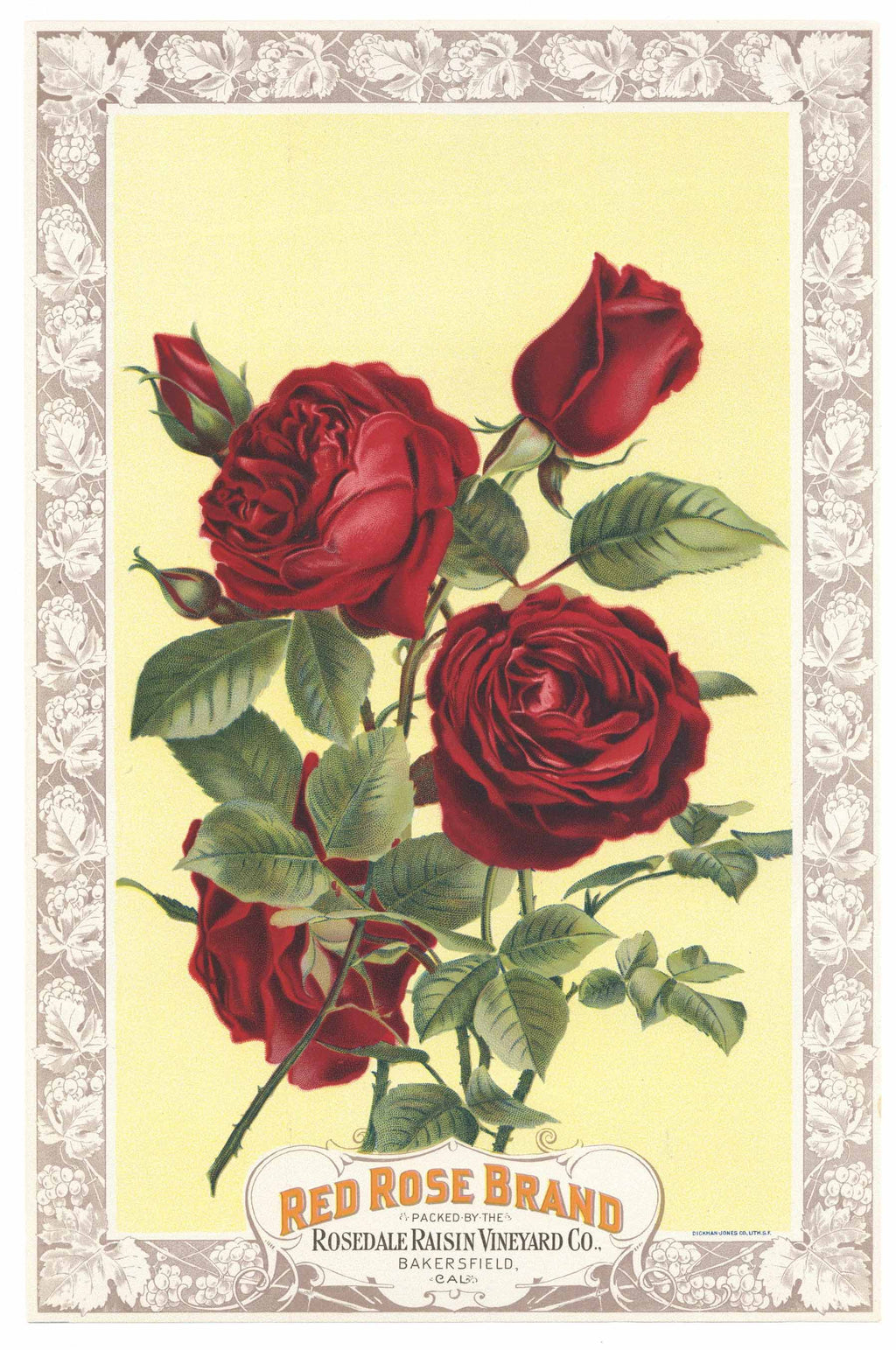 Red Rose Brand Vintage Bakersfield Raisin Label