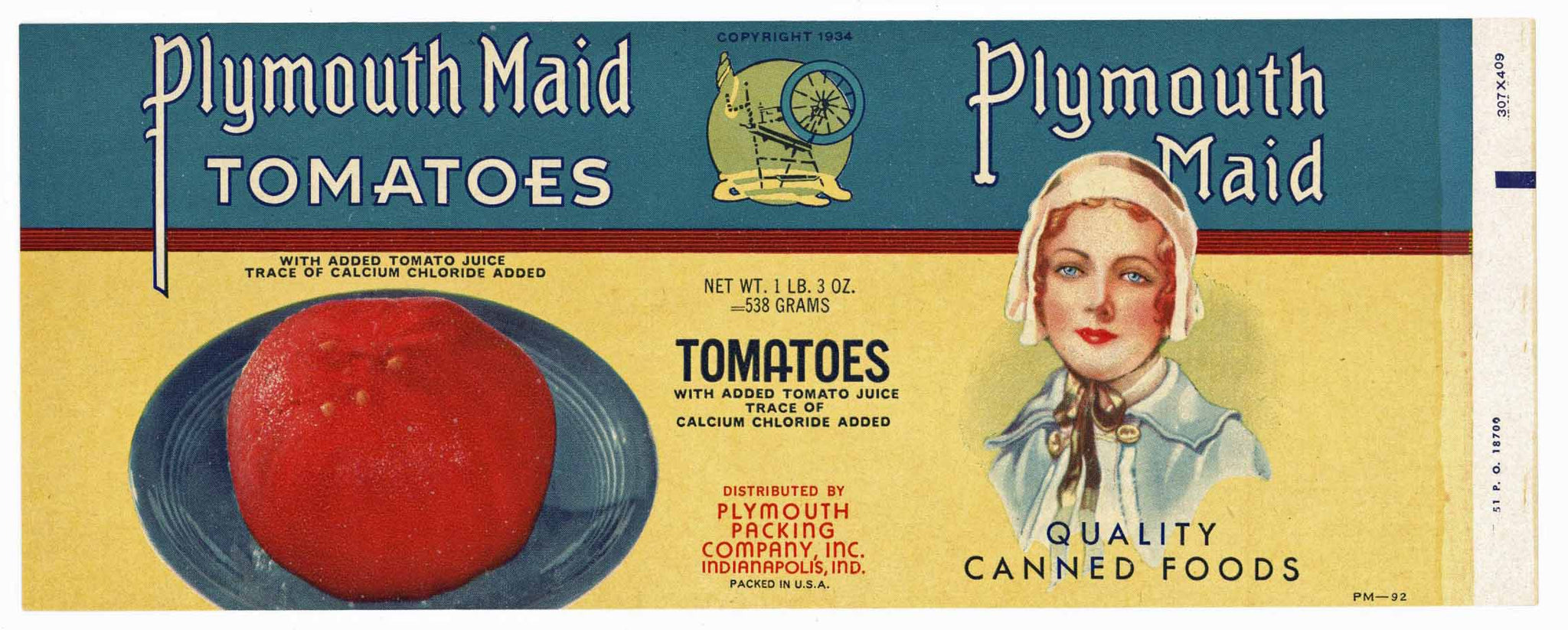 Plymouth Maid Brand Vintage Indianapolis Indiana Tomato Can Label