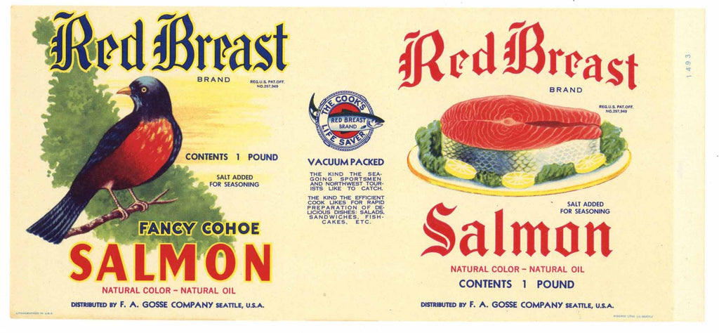 Red Breast Brand Vintage Seattle Washington Salmon Can Label, white
