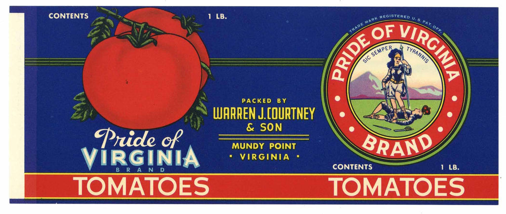 Pride of Virginia Brand Vintage Mundy Point Tomato Can Label