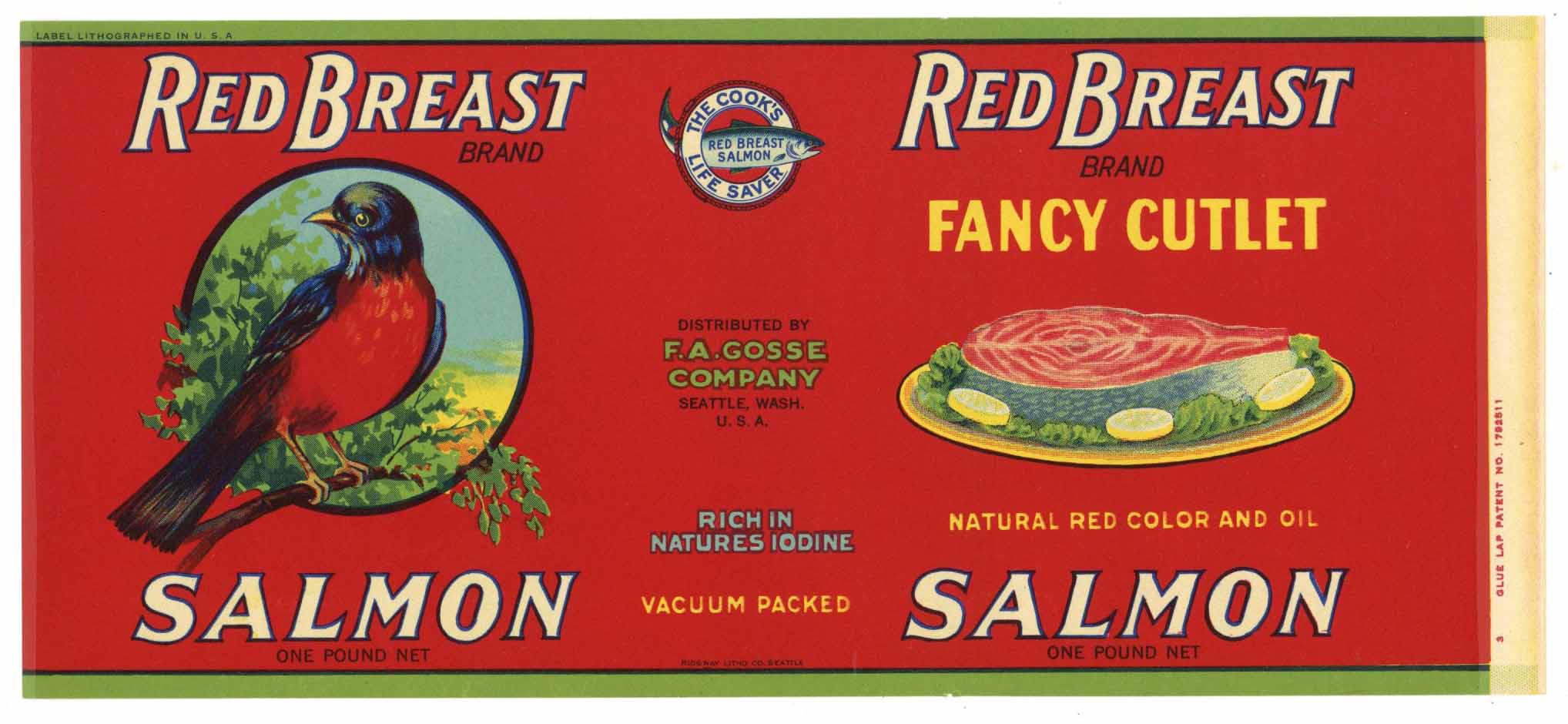 Red Breast Brand Vintage Seattle Washington Salmon Can Label, red