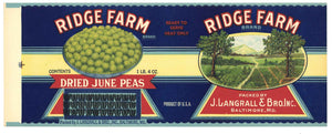 Ridge Farm Brand Vintage Baltimore Maryland Peas Can Label