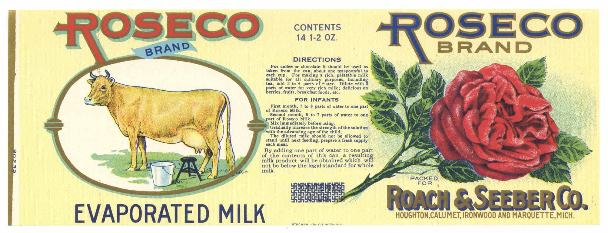 Roseco Brand Vintage Michigan Evaporated Milk Can Label, L