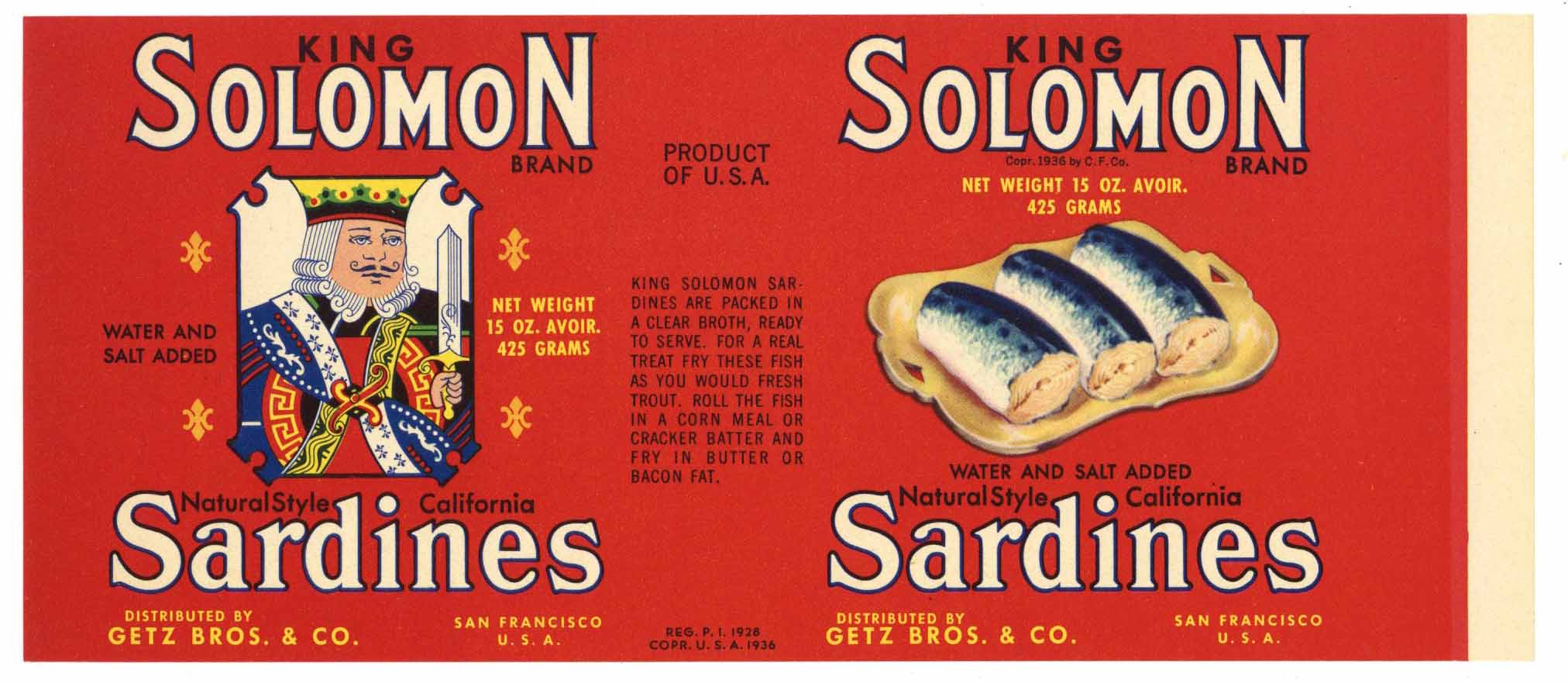 Solomon Brand Vintage Getz Bros Co. Sardine Can Label