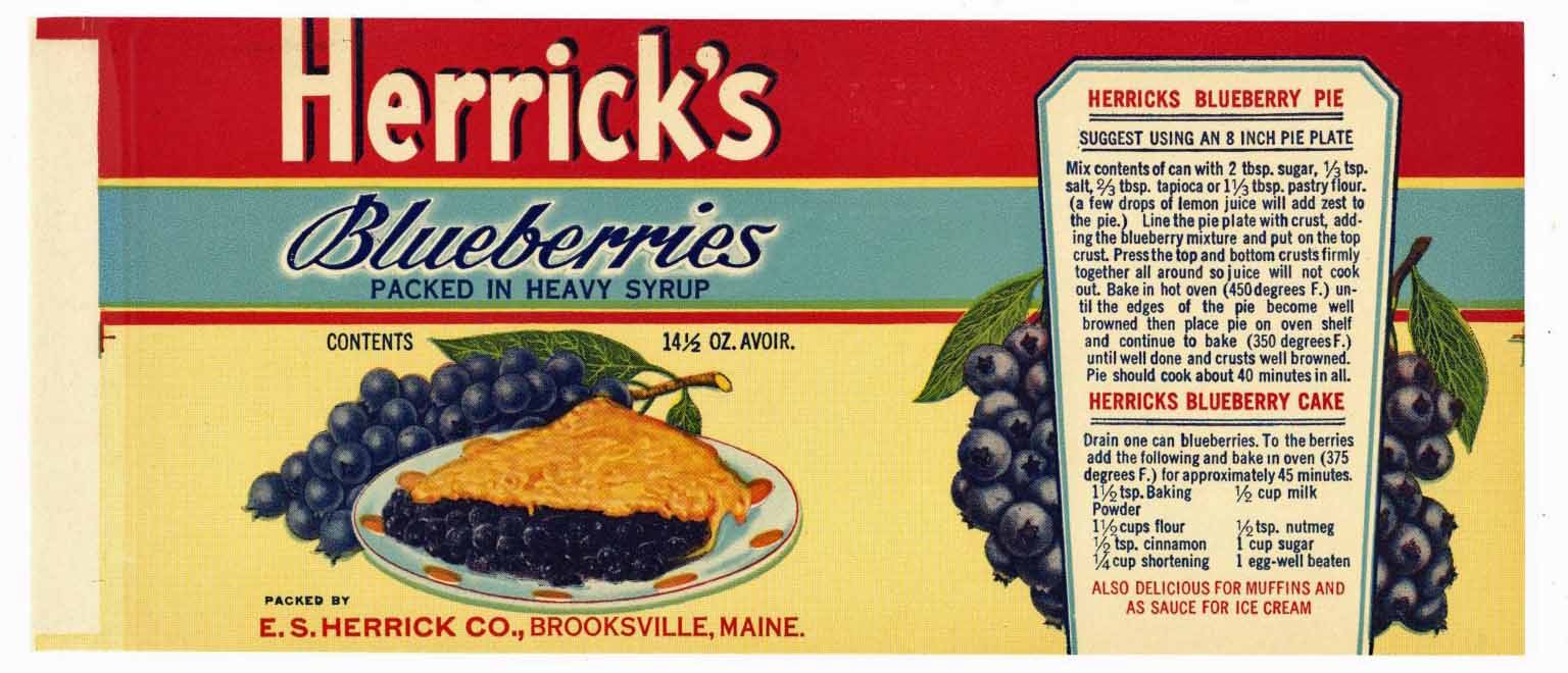 Herrick's Brand Vintage Brooksville Maine Blueberry Can Label