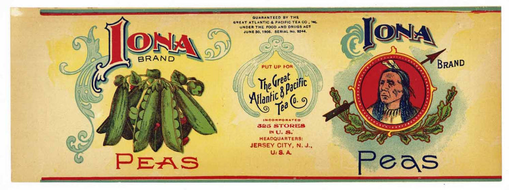 Iona Brand Vintage Peas Can Label, New Jersey