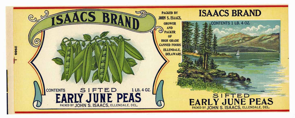 Isaacs Brand Vintage Delaware Pea Can Label