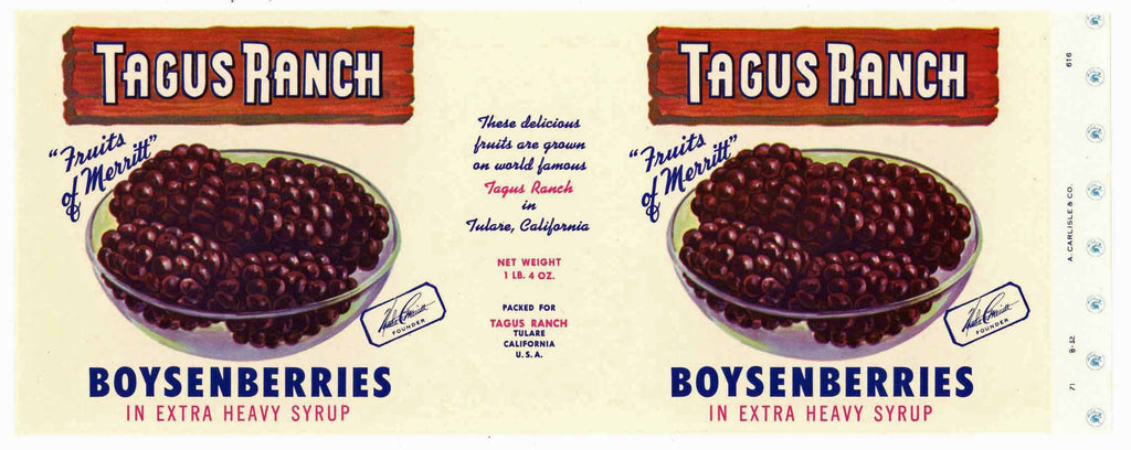 Tagus Ranch Brand Vintage Tulare Boysenberry Can Label