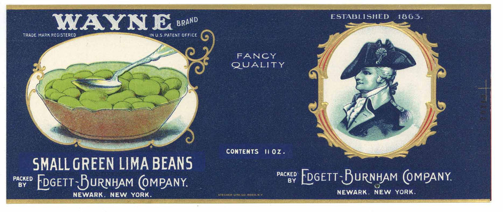 Wayne Brand Vintage Newark New York Small Green Lima Beans Can Label