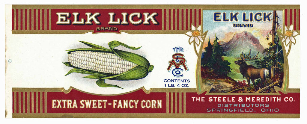 Elk Lick Brand Vintage Springfield Ohio Corn Can Label