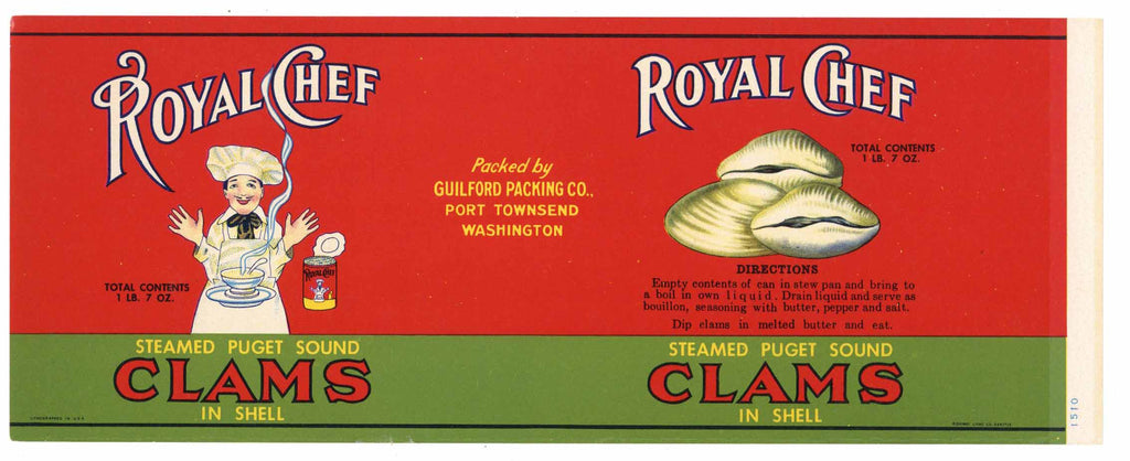 Royal Chef Brand Vintage Port Townsend Clam Can Label