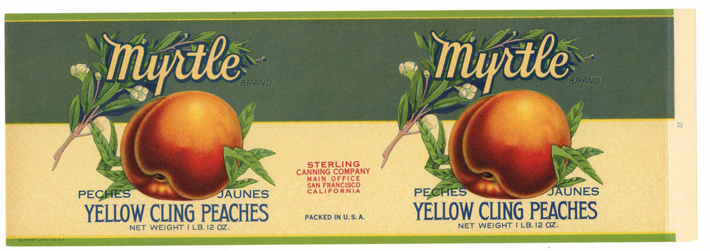 Myrtle Brand Vintage Yellow Cling Peaches Can Label
