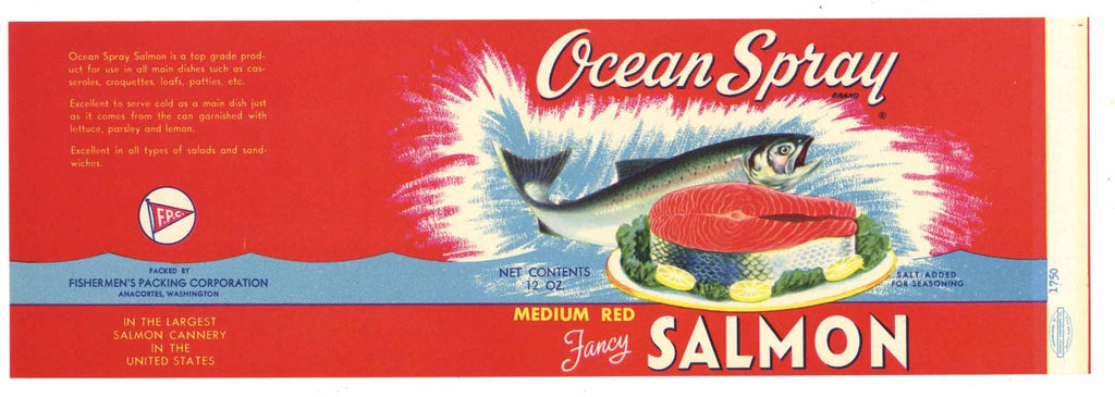 Ocean Spray Brand Vintage Anacortes Washington Salmon Can Label