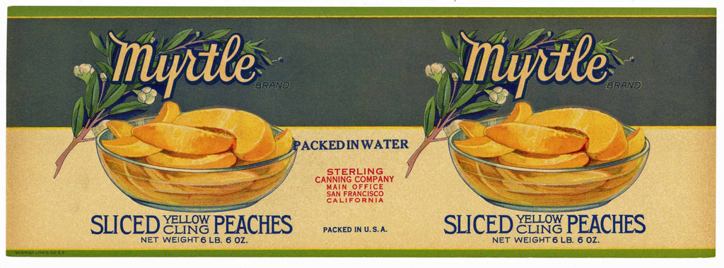 Myrtle Brand Vintage Sliced Peaches Can Label
