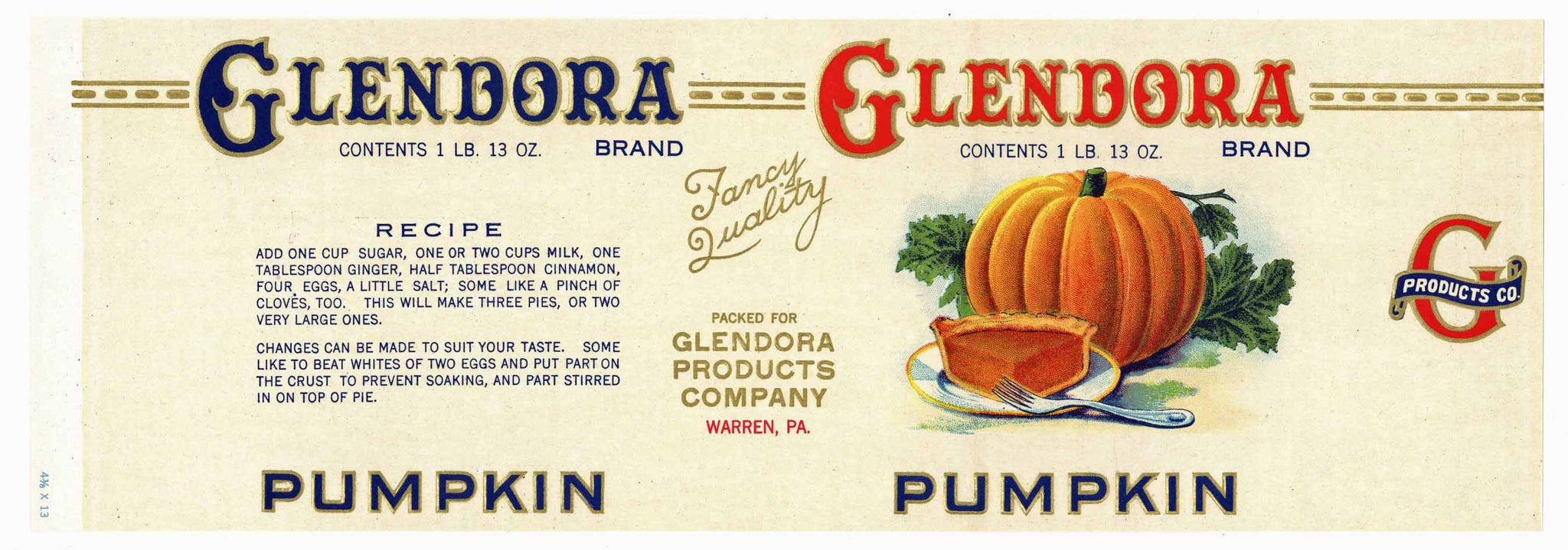 Glendora Brand Vintage Warren Pennsylvania Pumpkin Can Label