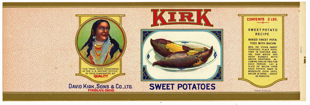 Kirk Brand Vintage Findlay Ohio Sweet Potatoes Can Label