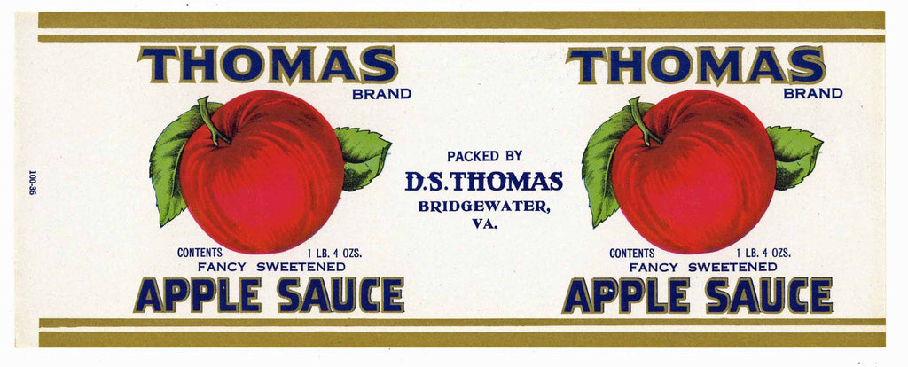 Thomas Brand Vintage Bridgewater Virginia Apple Sauce Can Label