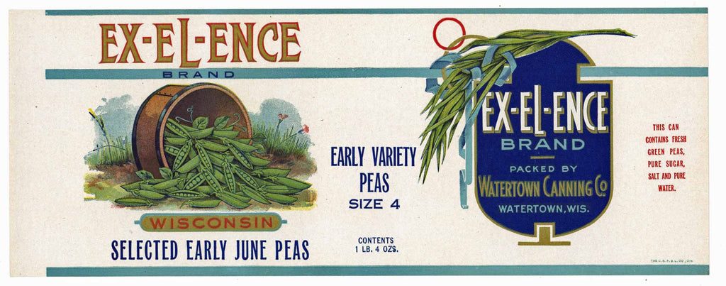 Ex-El-Ence Brand Vintage Watertown Wisconsin Peas Can Label
