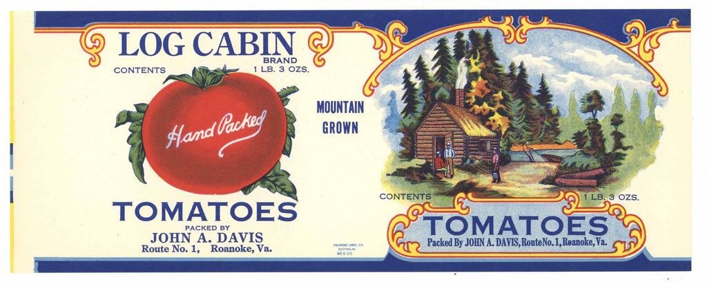 Log Cabin Brand Vintage Virginia Tomato Can Label