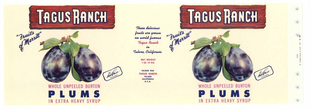 Tagus Ranch Brand Vintage Tulare Plum Can Label