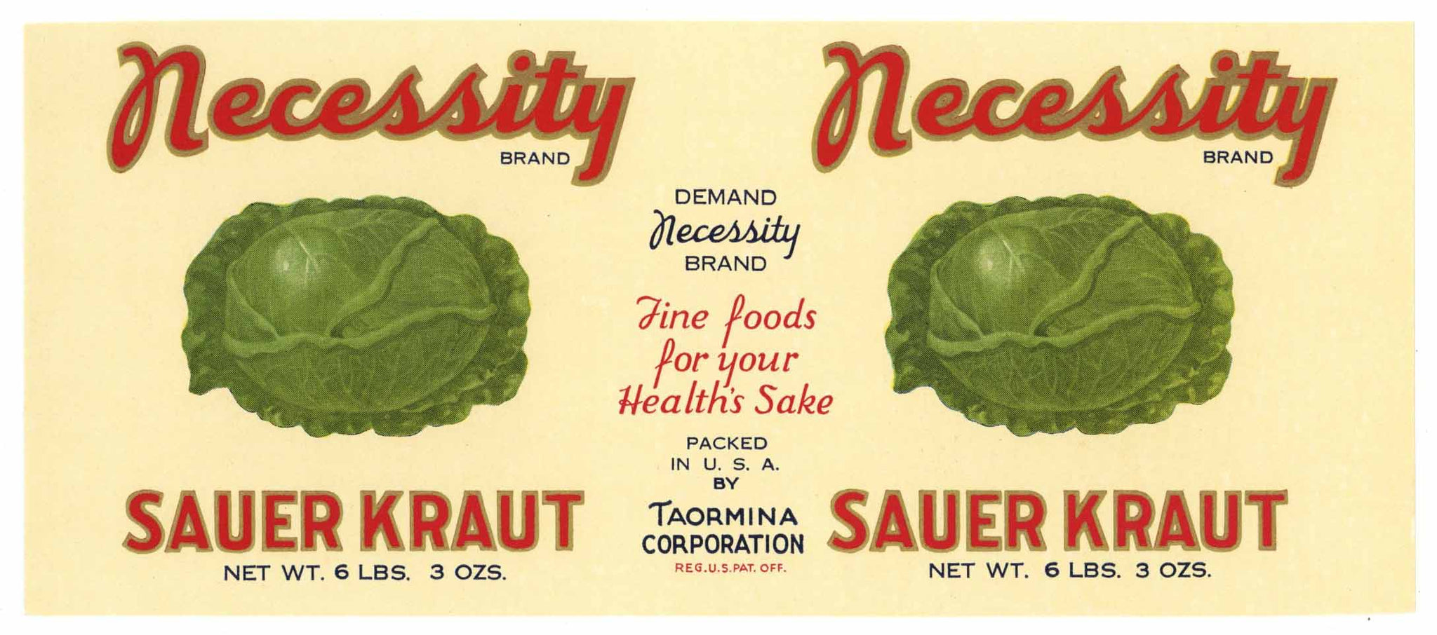 Necessity Brand Vintage Taormina Sauer Kraut Can Label