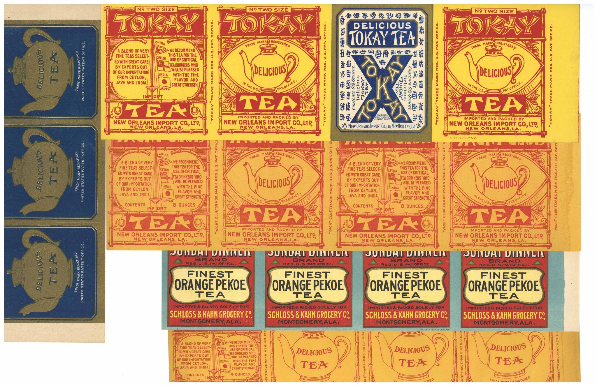 Tea Label Set of 5 Vintage Labels, New Orleans, Montgomery